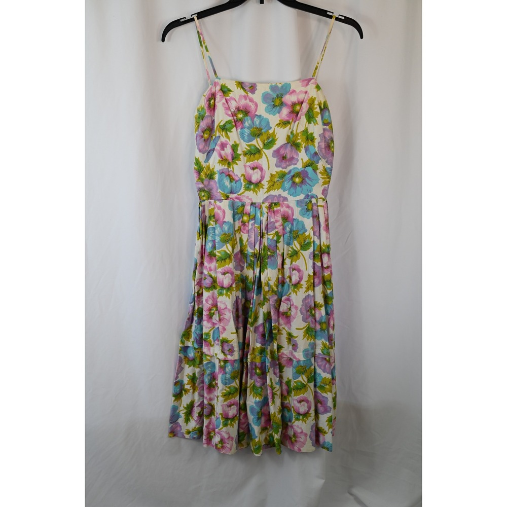Vintage Floral Spaghetti Strap Pleated Midi Dress Pink Blue Green White